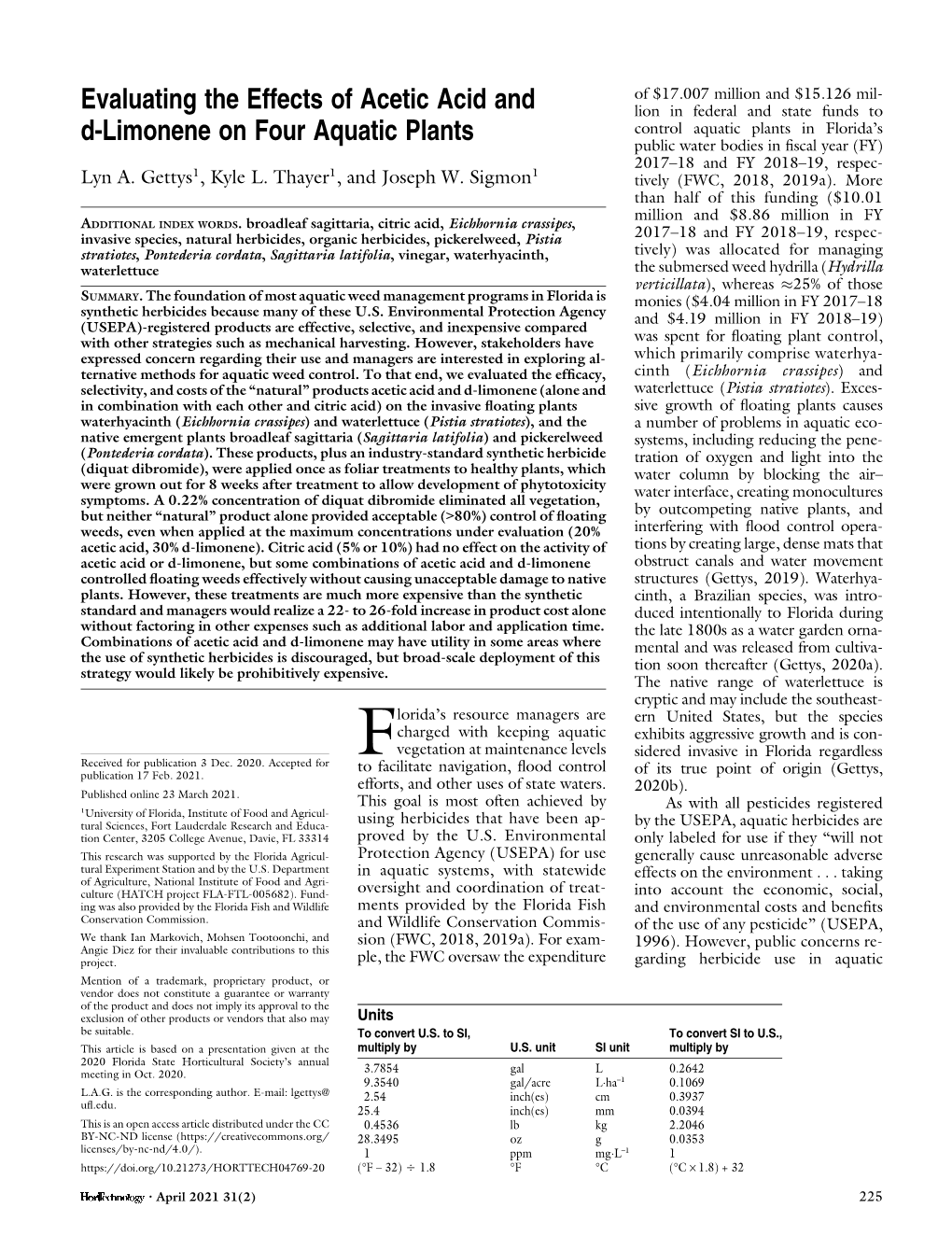 Evaluating the Effects of Acetic Acid and D-Limonene on Four Aquatic