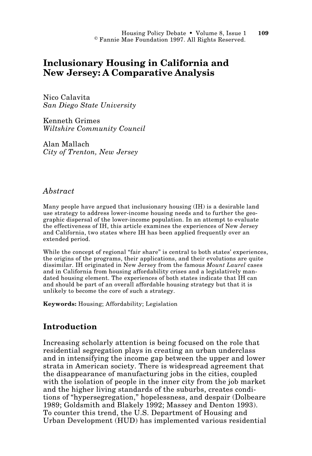 Inclusionary Housing in California and New Jersey: a Comparative Analysis