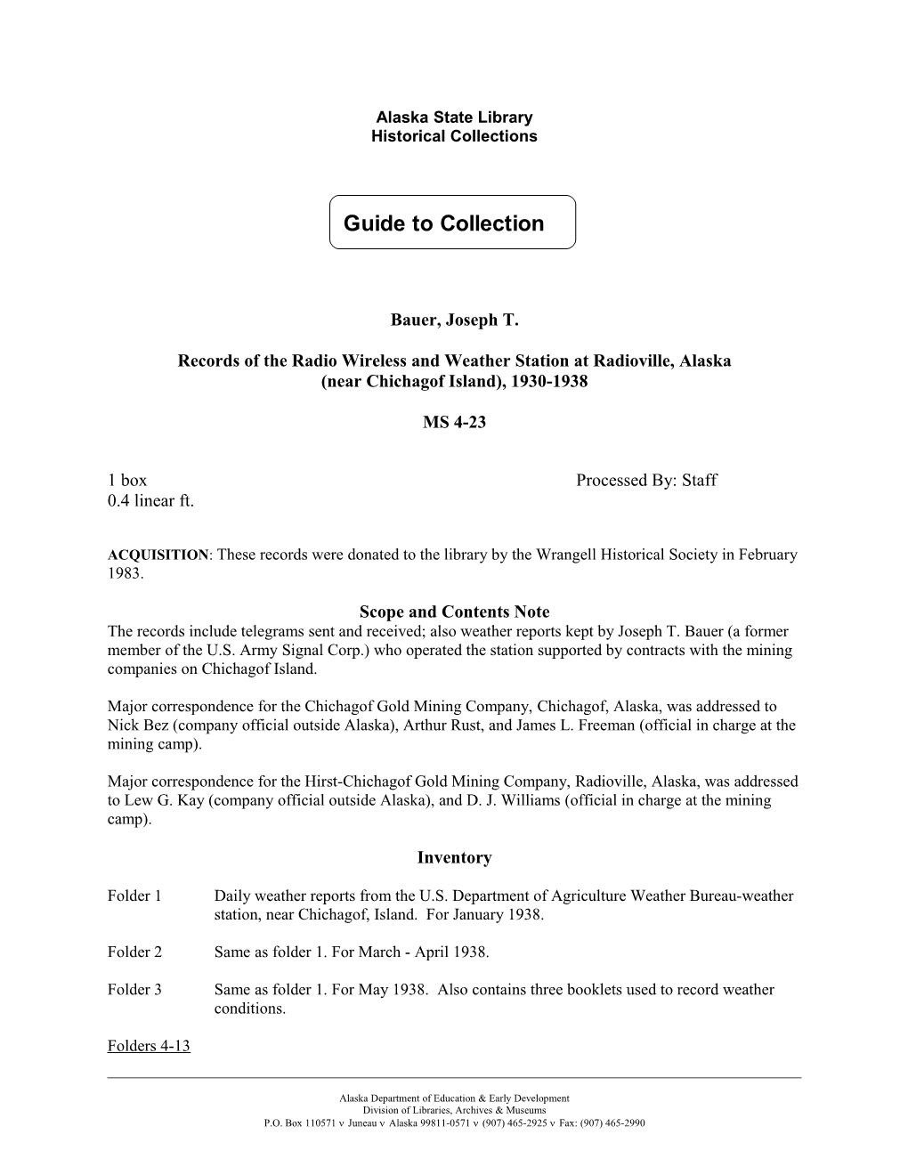 MS 4-23: Records of the Radio Wireless and Weather Station at Radioville, Alaska, 1930-1938