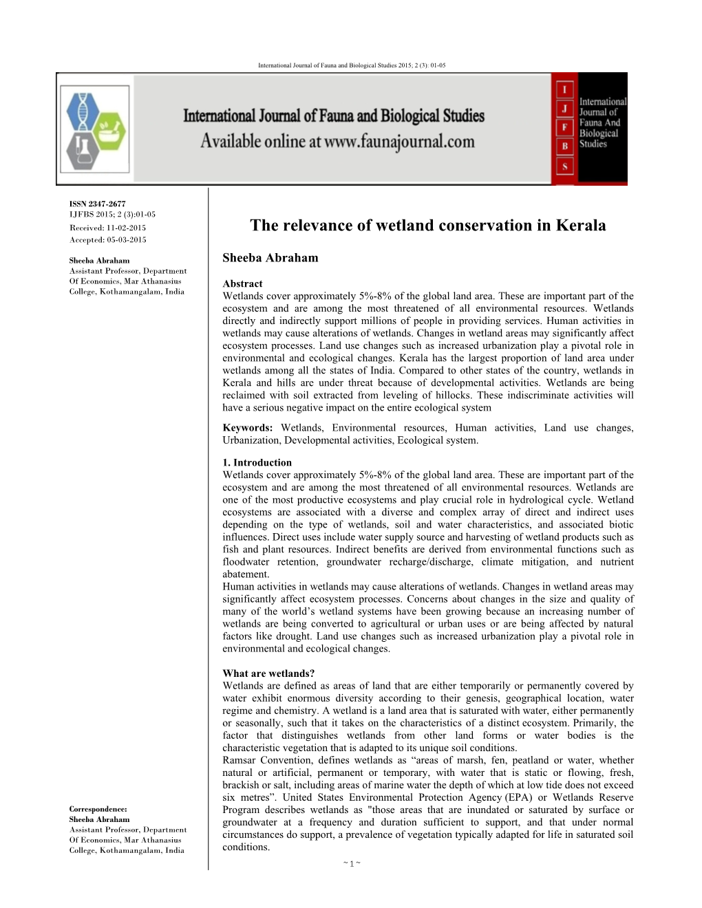 The Relevance of Wetland Conservation in Kerala Accepted: 05-03-2015