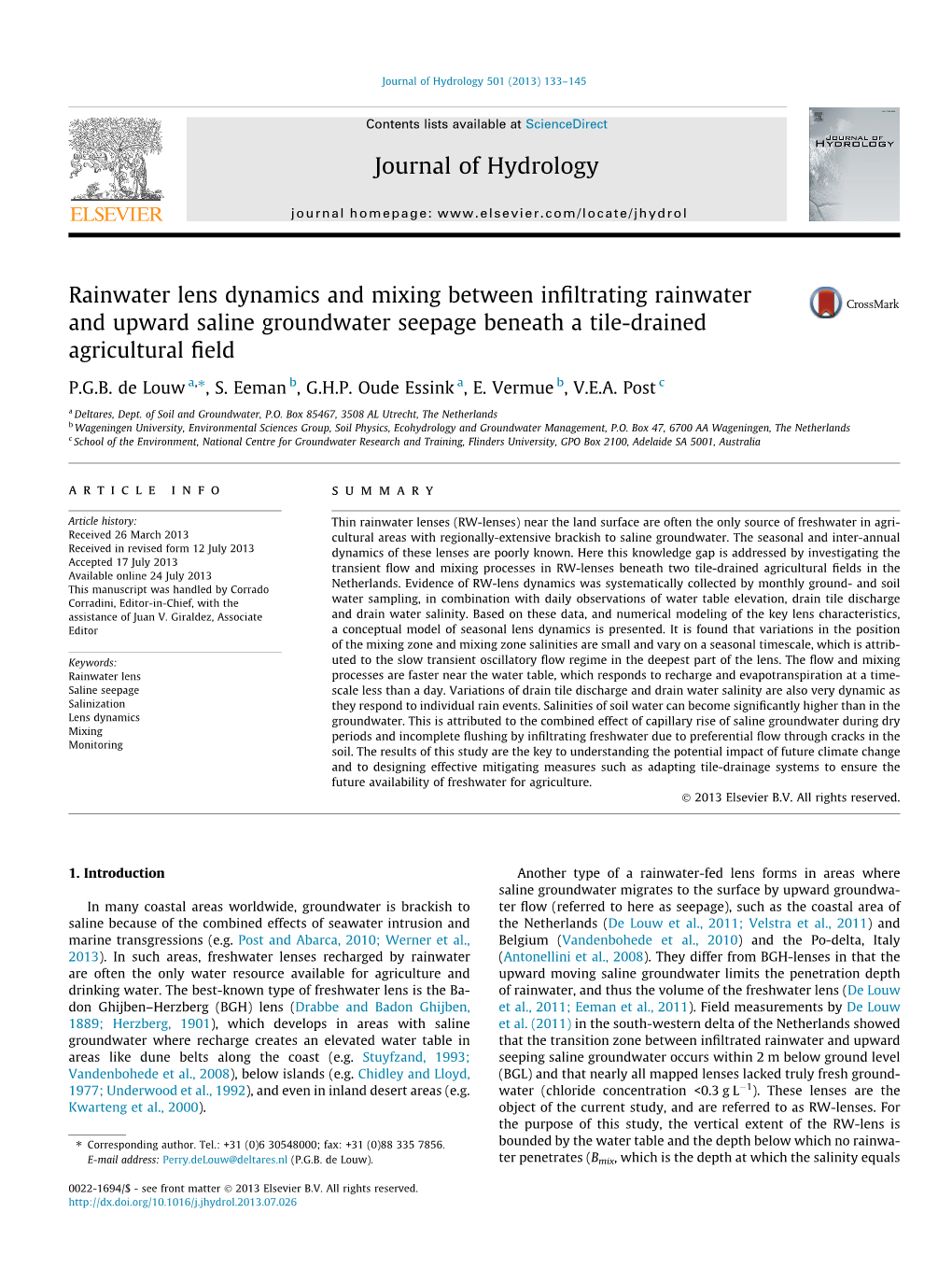 Rainwater Lens Dynamics and Mixing Between Infiltrating Rainwater And