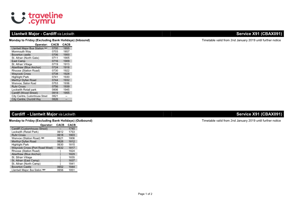 Traveline Cymru A4 Landscape Timetable