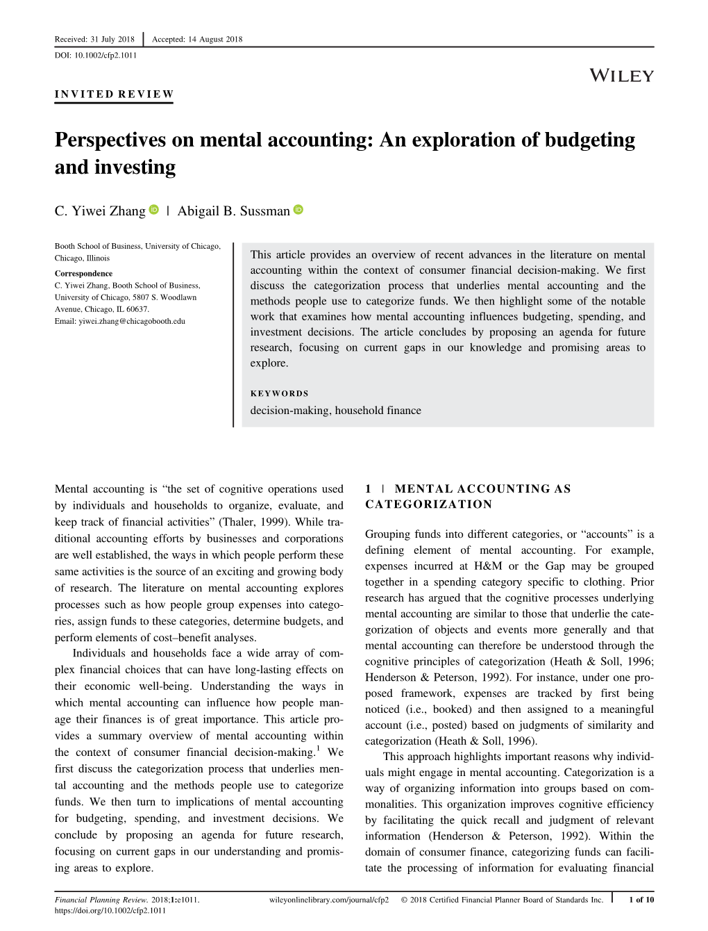 Perspectives on Mental Accounting: an Exploration of Budgeting and Investing: Perspectives on Mental Accounting