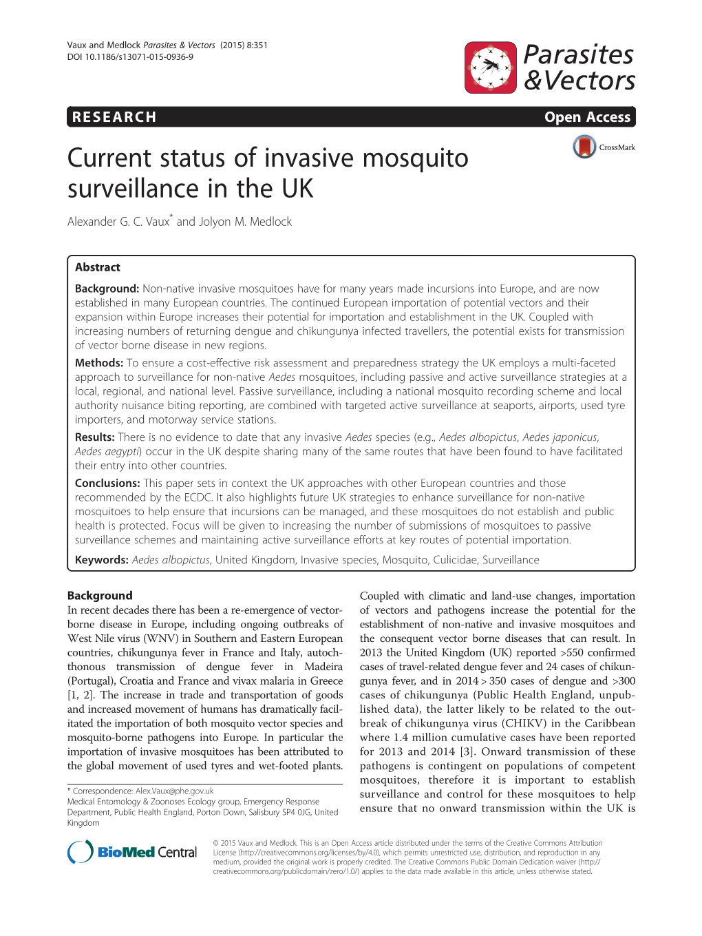 Current Status of Invasive Mosquito Surveillance in the UK Alexander G