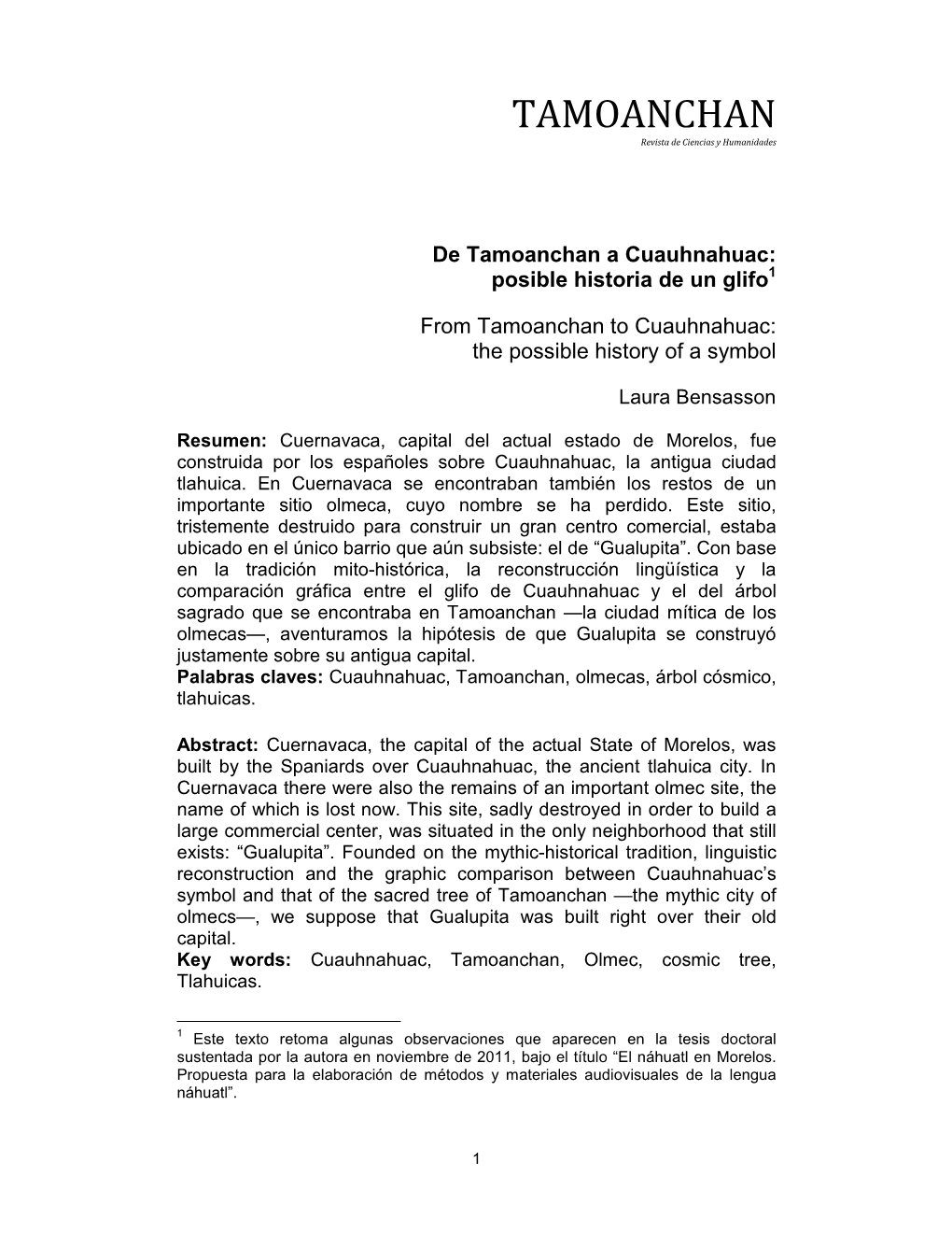 De Tamoanchan a Cuauhnahuac: Posible Historia De Un Glifo 1