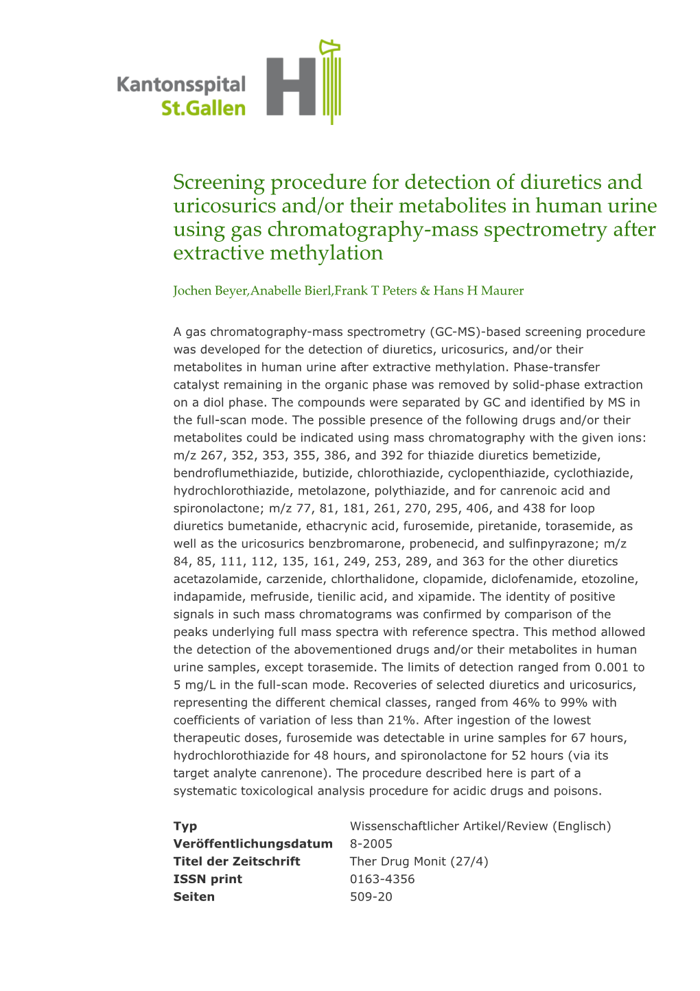 Screening Procedure for Detection of Diuretics And