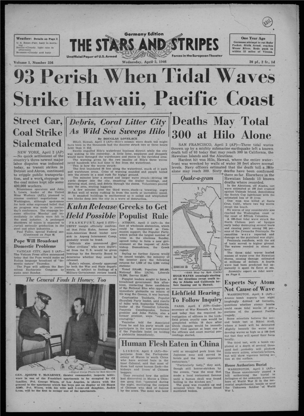 93 Perish When Tidal Waves Strike Hawaii, Pacific Coast '