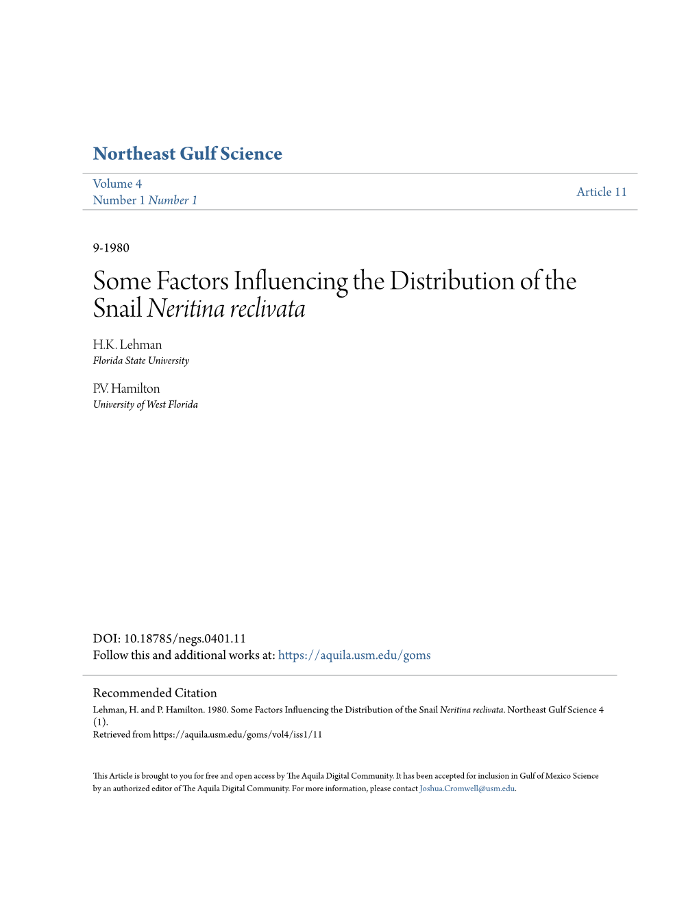 Some Factors Influencing the Distribution of the Snail Neritina Reclivata H.K