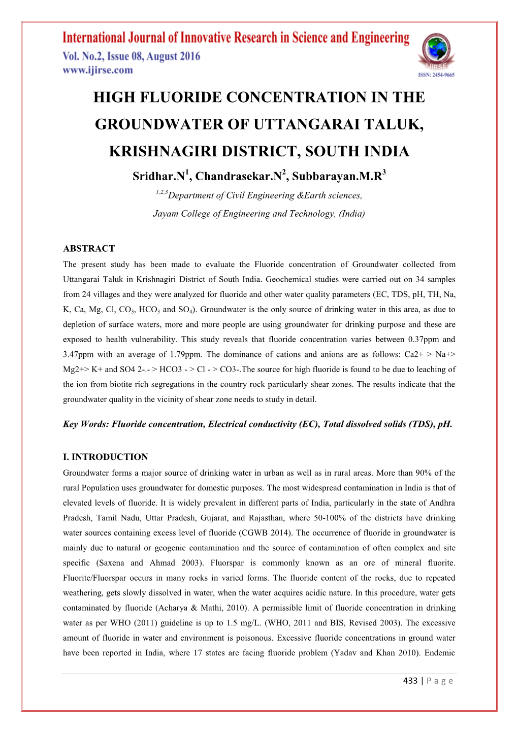 High Fluoride Concentration in the Groundwater of Uttangarai Taluk, Krishnagiri District, South India