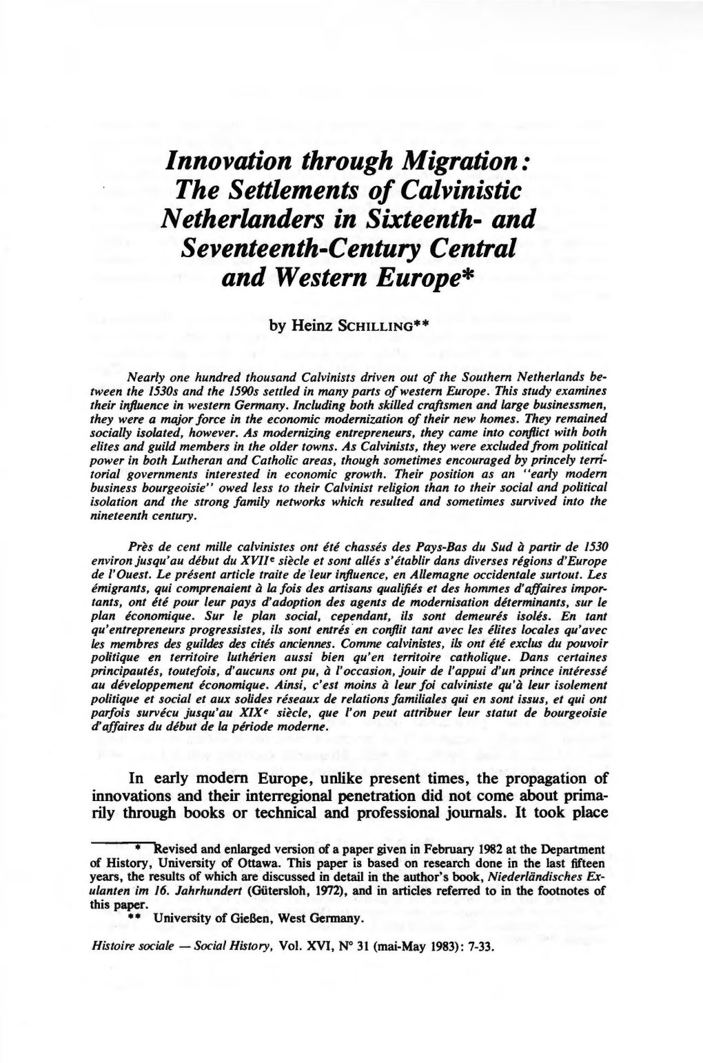 Innovation Through Migration: the Settlements of Calvinistic Netherlanders in Sixteenth- and Seventeenth-Century Central and Western Europe*