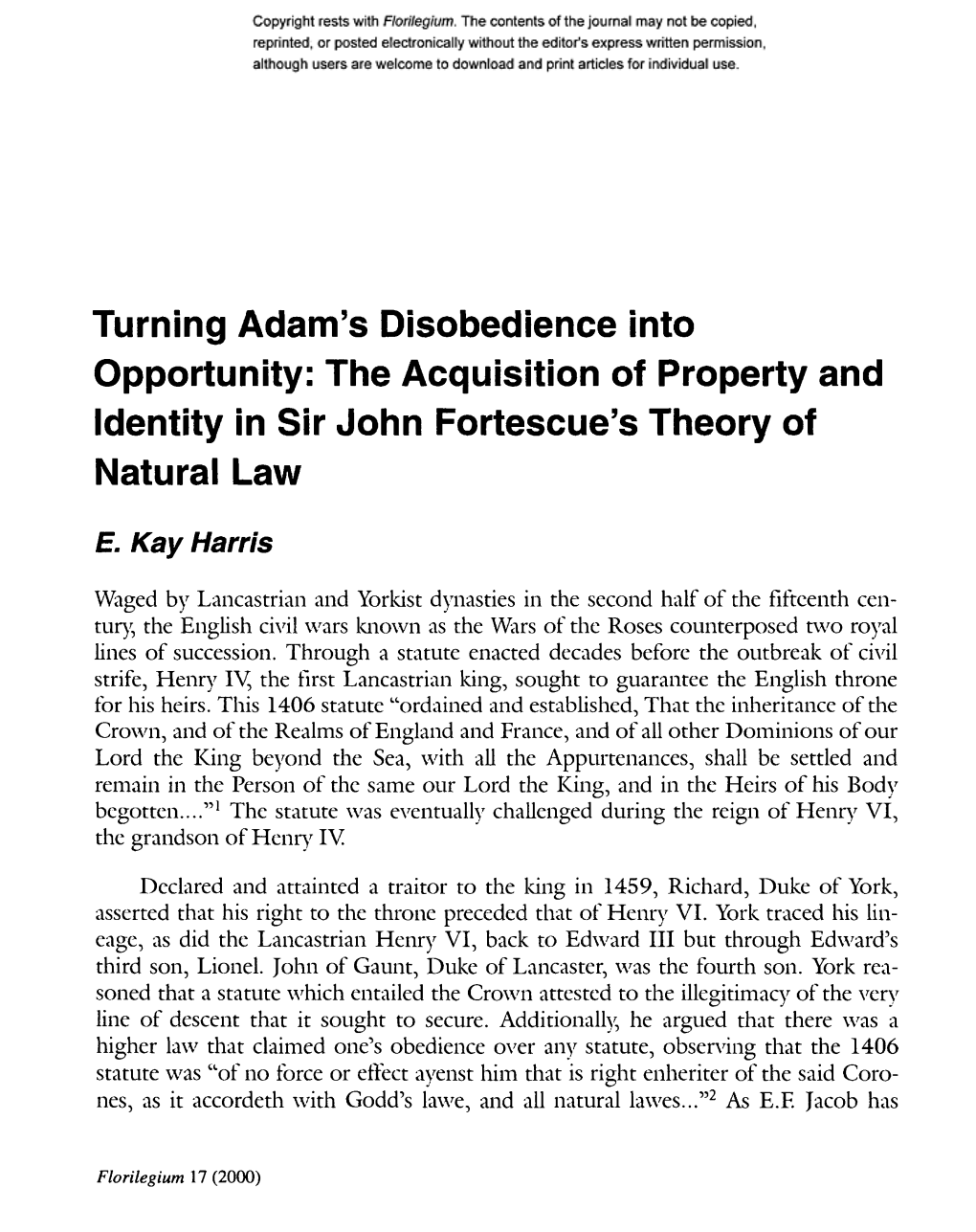 The Acquisition of Property and Identity in Sir John Fortescue's Theory of Natural Law