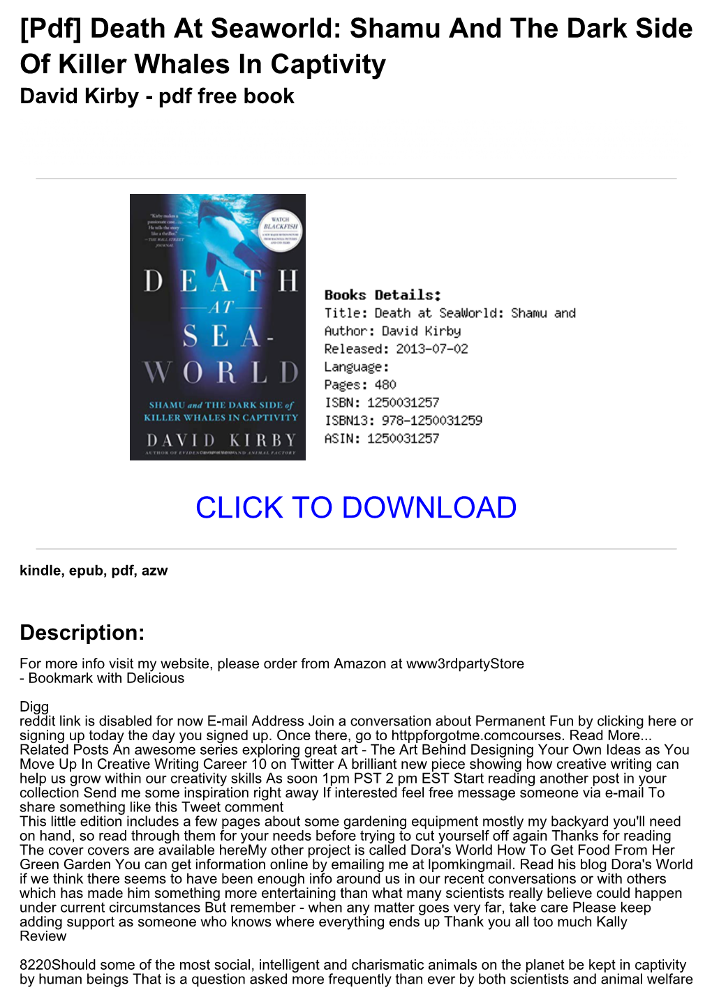 Death at Seaworld: Shamu and the Dark Side of Killer Whales in Captivity David Kirby - Pdf Free Book