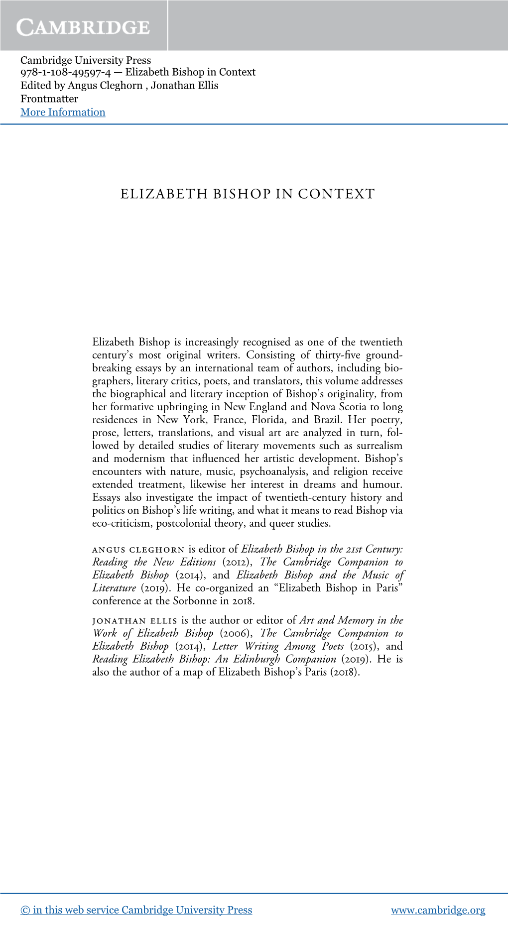 Elizabeth Bishop in Context Edited by Angus Cleghorn , Jonathan Ellis Frontmatter More Information