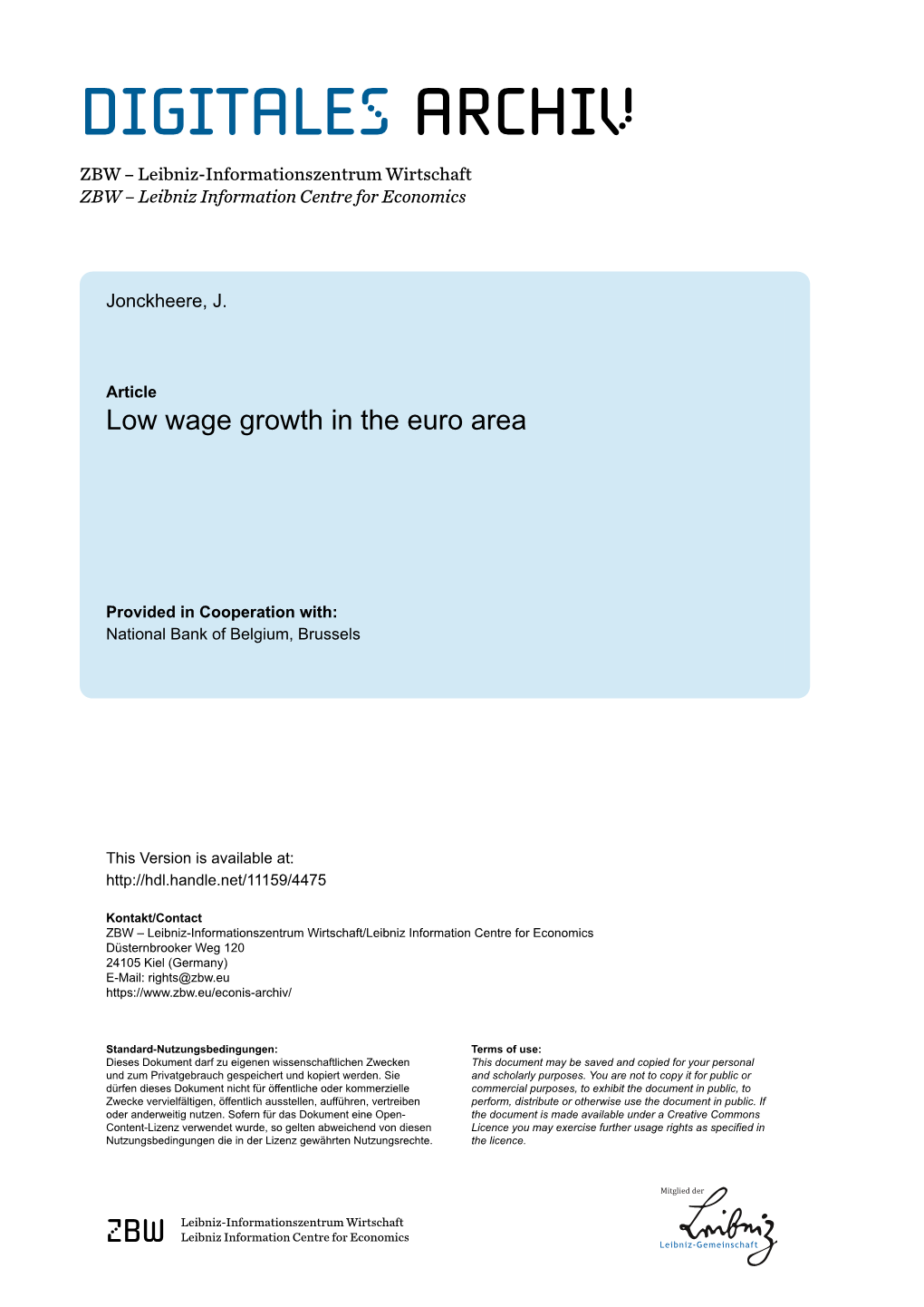 Low Wage Growth in the Euro Area