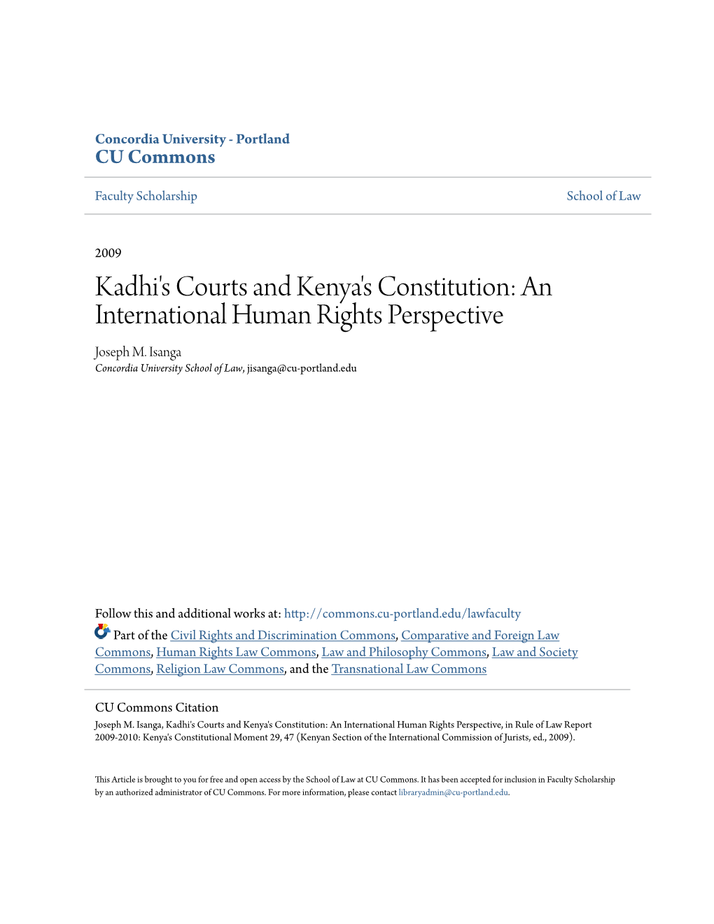 Kadhi's Courts and Kenya's Constitution: an International Human Rights Perspective Joseph M