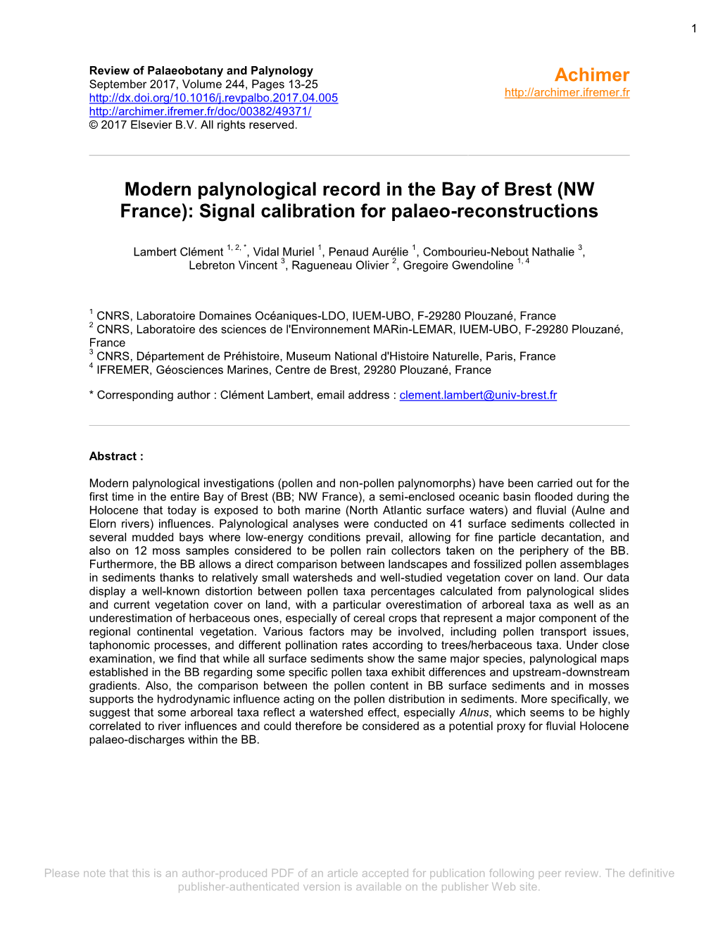 Modern Palynological Record in the Bay of Brest (NW France): Signal Calibration for Palaeo-Reconstructions