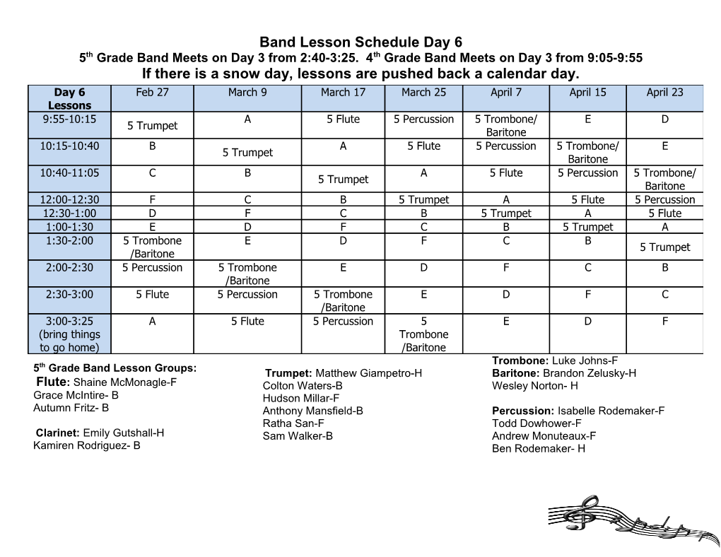 Band Lesson Schedule Day 6