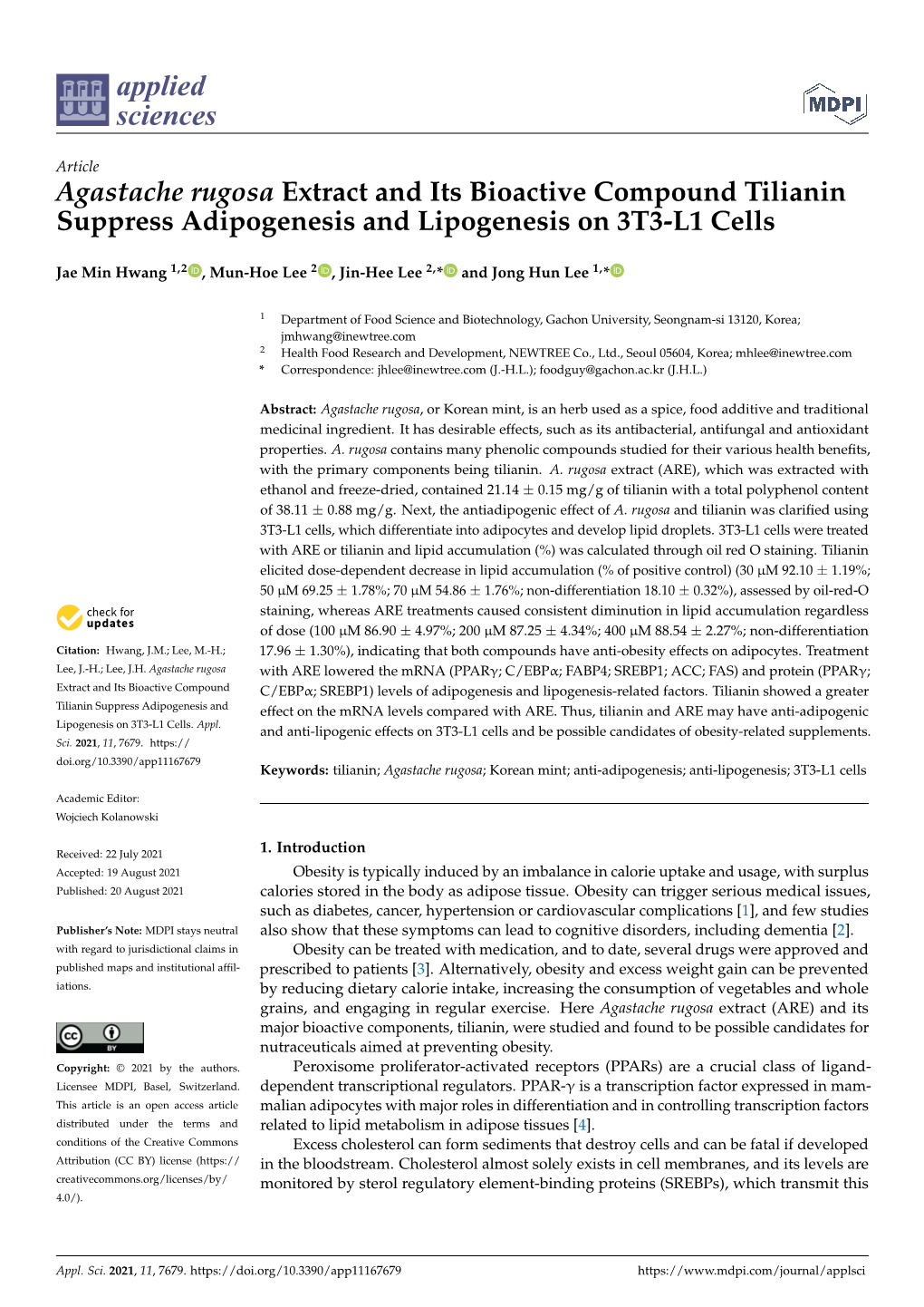 Agastache Rugosa Extract and Its Bioactive Compound Tilianin Suppress Adipogenesis and Lipogenesis on 3T3-L1 Cells
