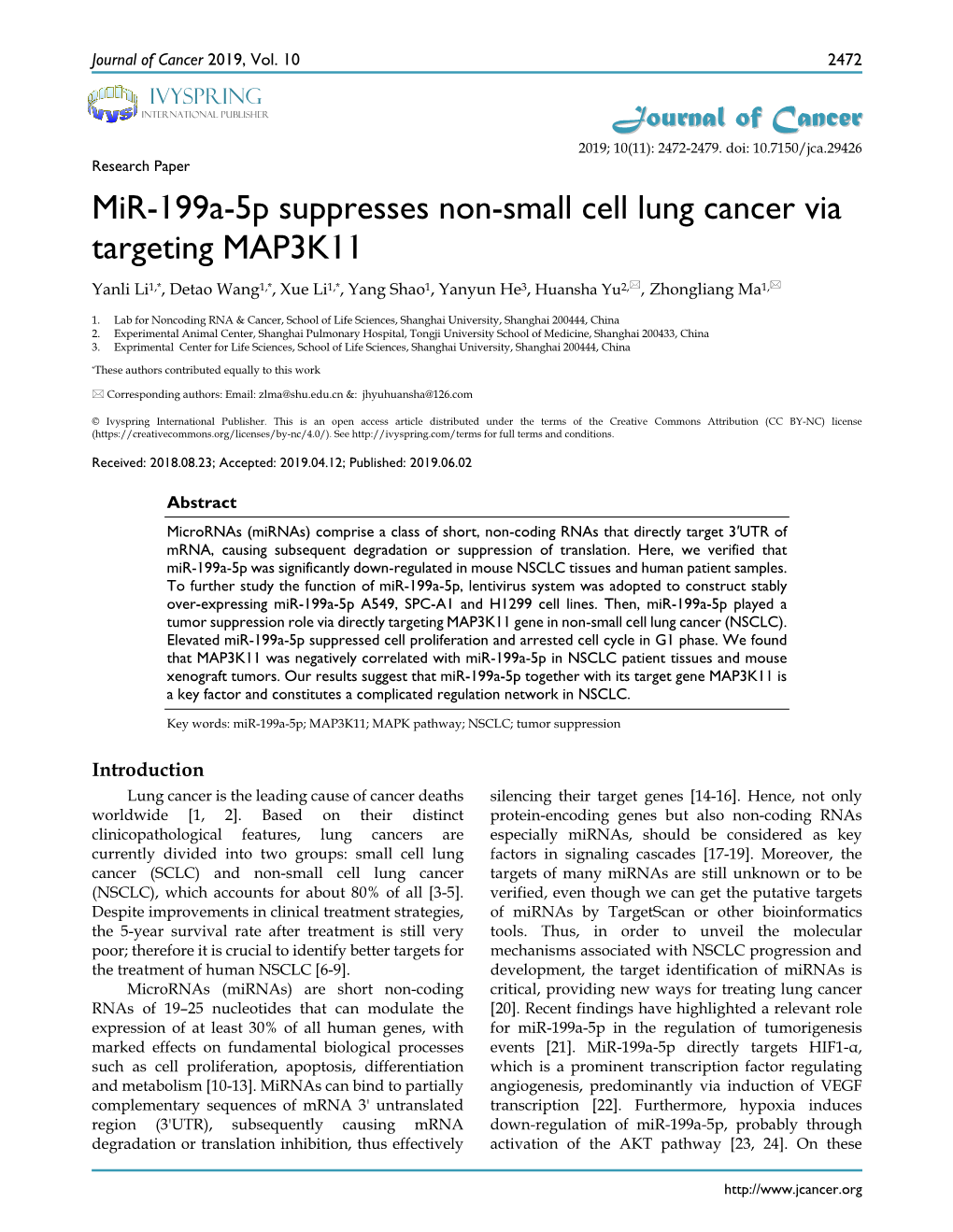 Mir-199A-5P Suppresses Non-Small Cell Lung Cancer Via Targeting