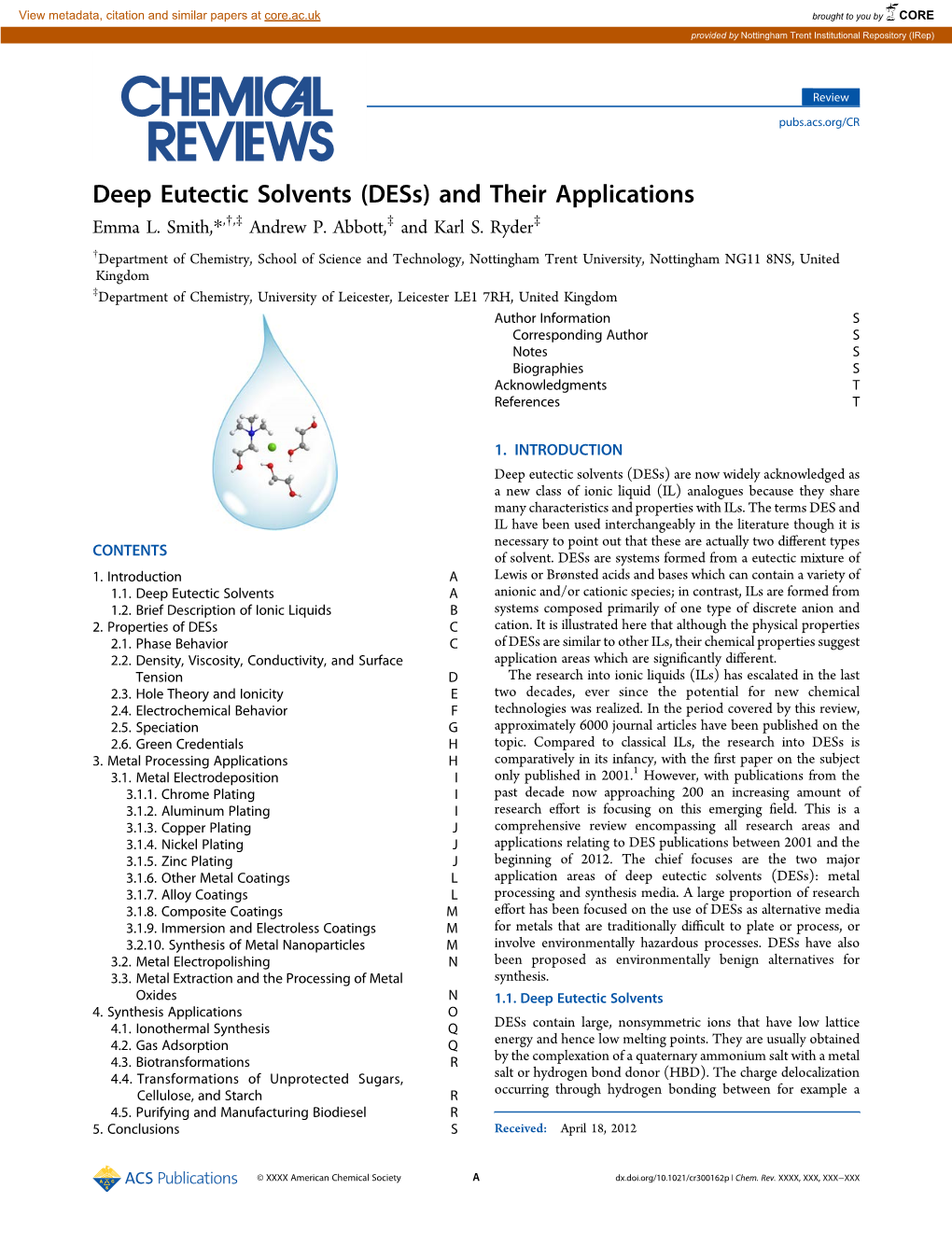 Deep Eutectic Solvents (Dess) and Their Applications Emma L