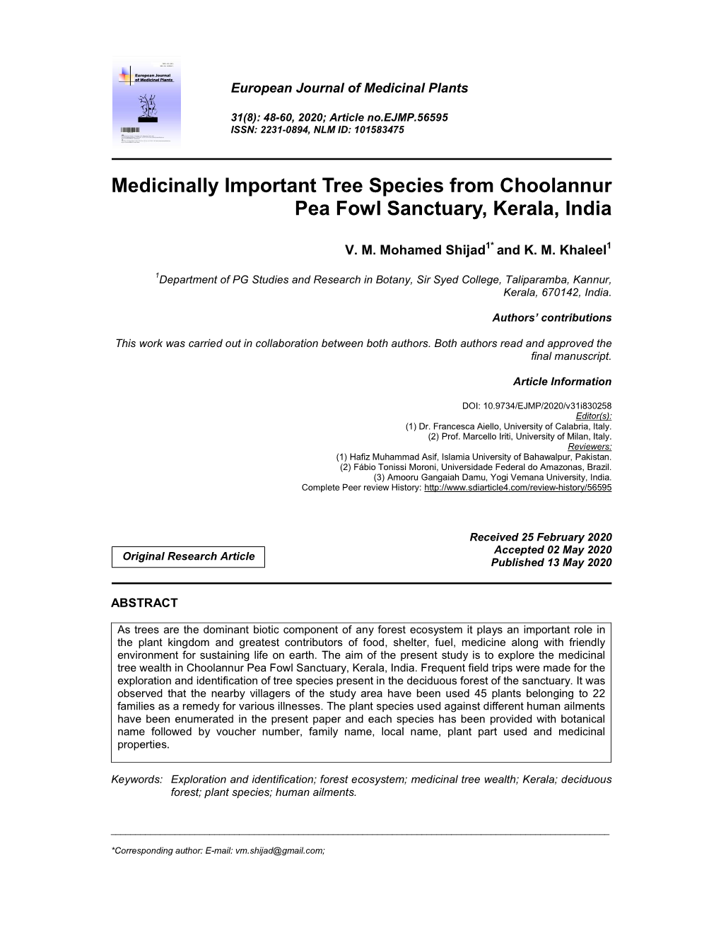 Medicinally Important Tree Species from Choolannur Pea Fowl Sanctuary, Kerala, India