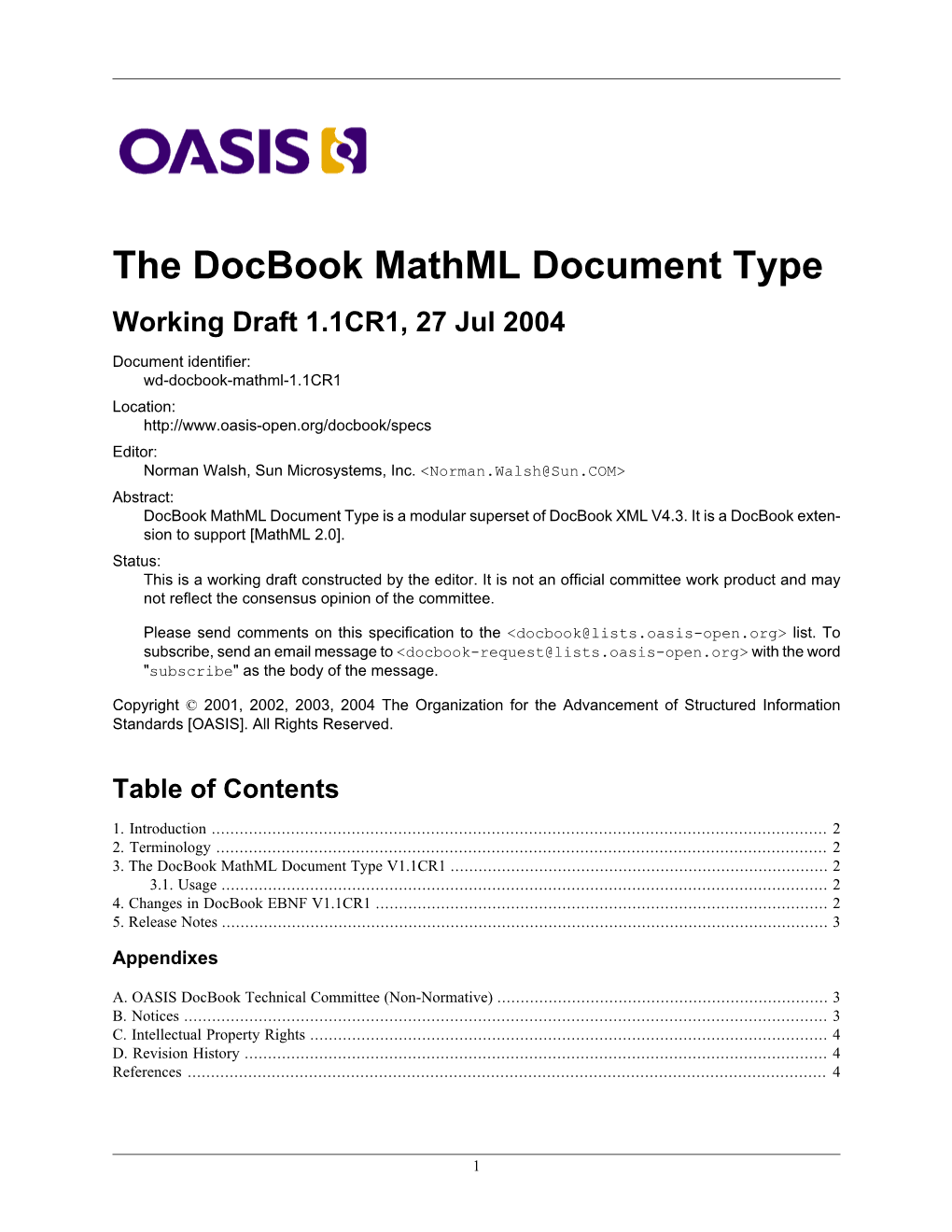 The Docbook Mathml Document Type Working Draft 1.1CR1, 27 Jul 2004