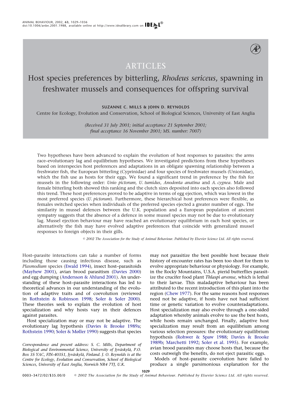 Host Species Preferences by Bitterling, Rhodeus Sericeus, Spawning in Freshwater Mussels and Consequences for Offspring Survival