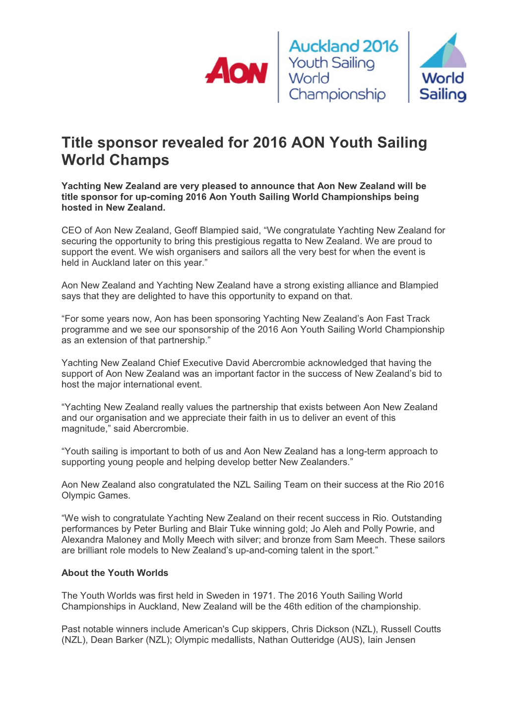 Title Sponsor Revealed for 2016 AON Youth Sailing World Champs