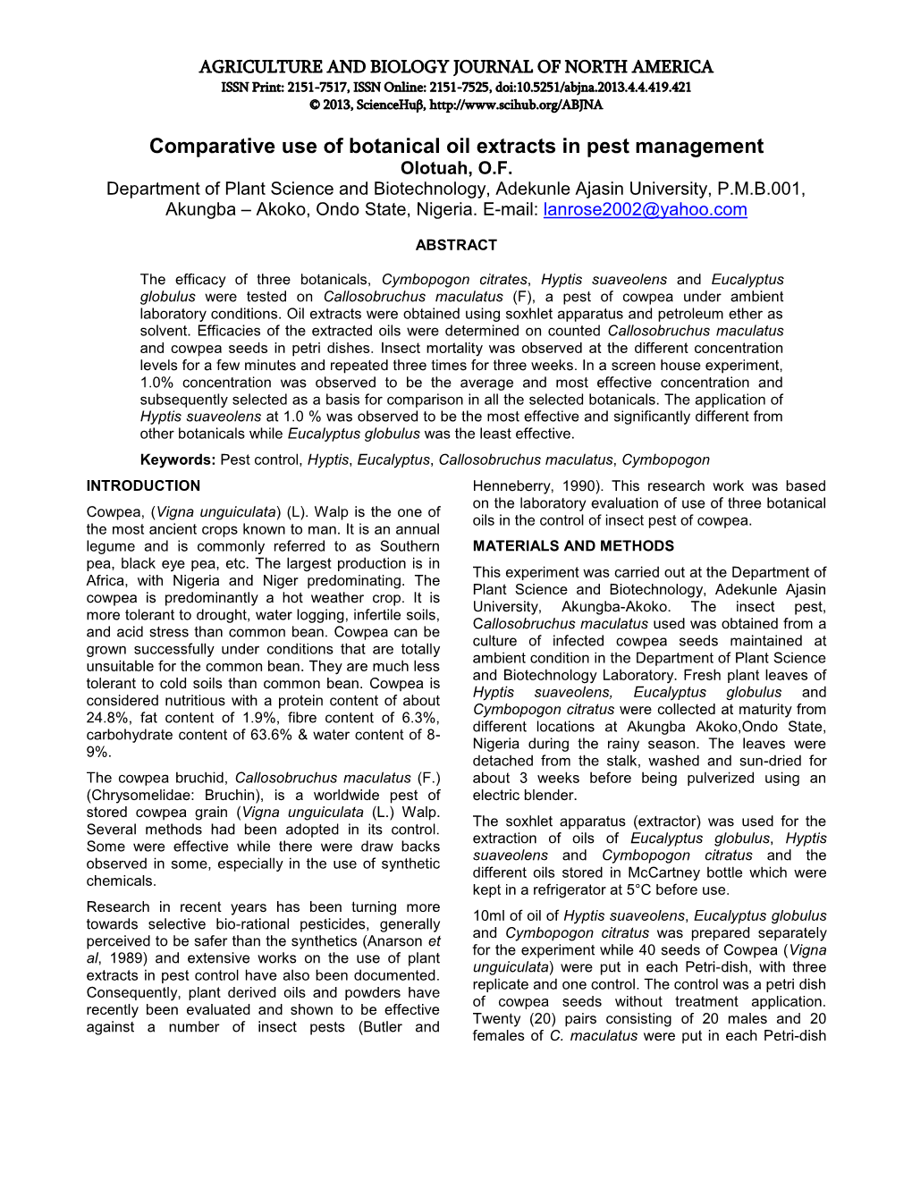 Comparative Use of Botanical Oil Extracts in Pest Management Olotuah, O.F