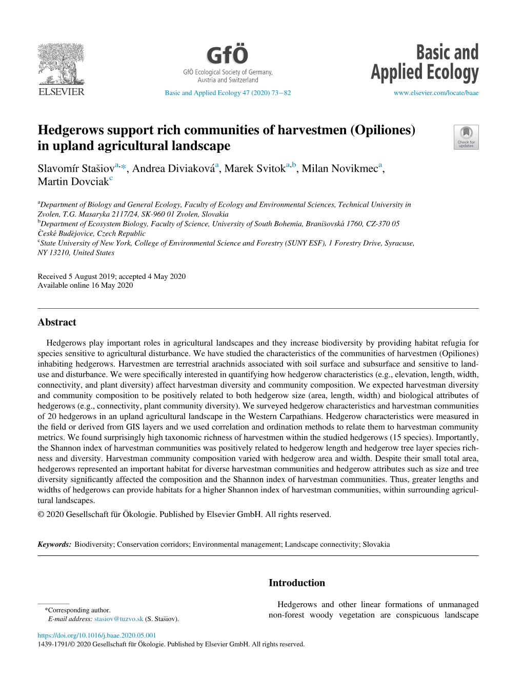 Hedgerows Support Rich Communities of Harvestmen (Opiliones) in Upland Agricultural Landscape