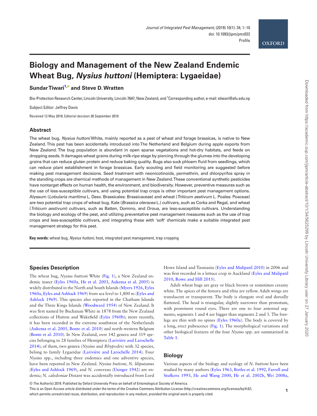 Biology and Management of the New Zealand Endemic Wheat Bug, Nysius Huttoni (Hemiptera: Lygaeidae)