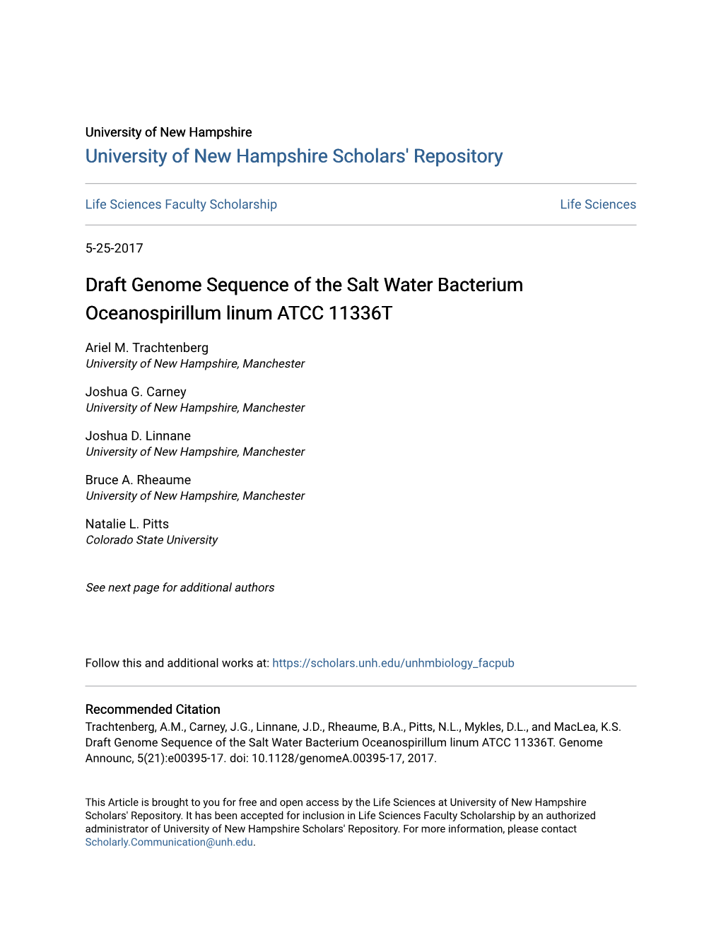 Draft Genome Sequence of the Salt Water Bacterium Oceanospirillum Linum ATCC 11336T