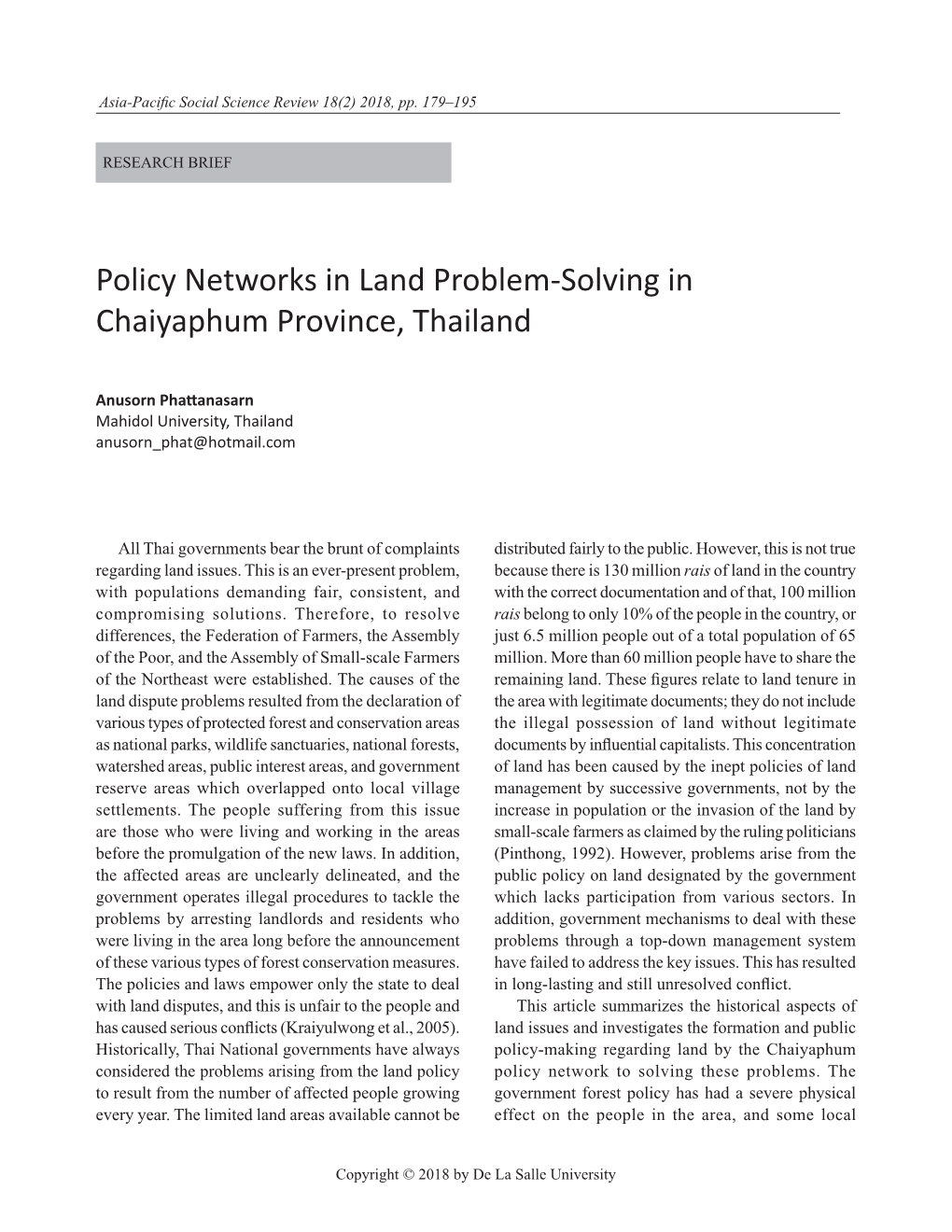Policy Networks in Land Problem-Solving in Chaiyaphum Province, Thailand