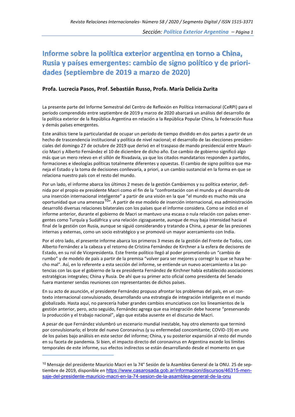 Informe Sobre La Política Exterior Argentina En Torno a China, Rusia Y Países Emergentes