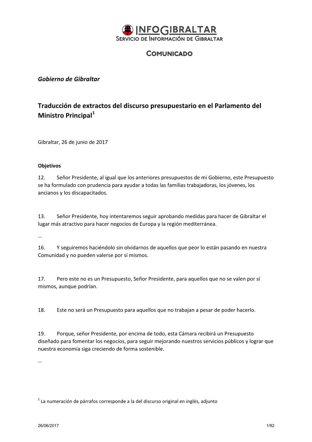 170626 Resumen Del Discurso Presupuestario De Fabian Picardo