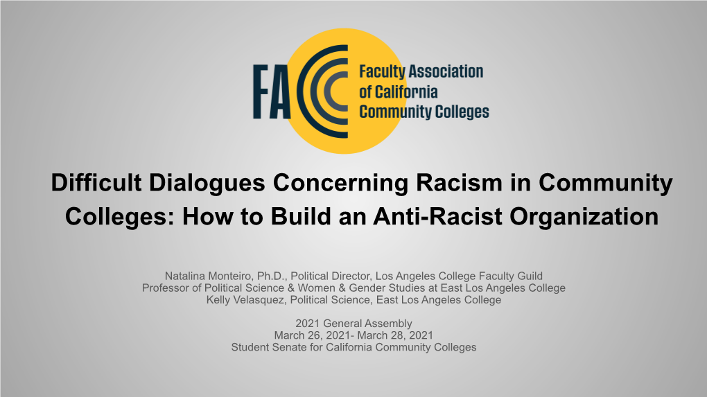 Difficult Dialogues Concerning Racism in Community Colleges: How to Build an Anti-Racist Organization