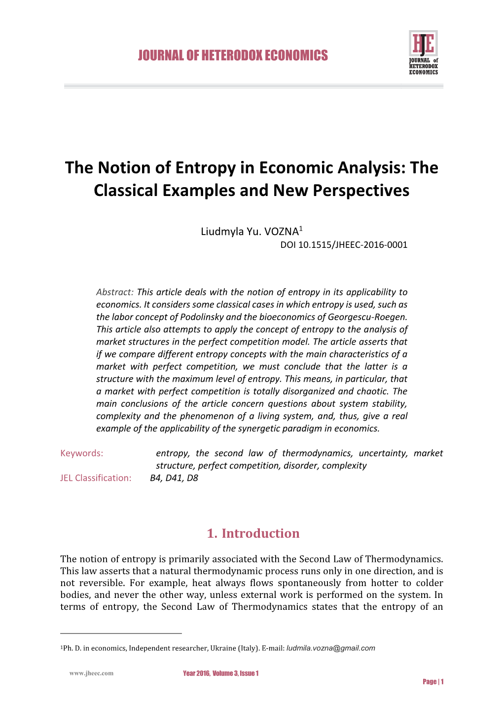 The Notion of Entropy in Economic Analysis: the Classical Examples and New Perspectives