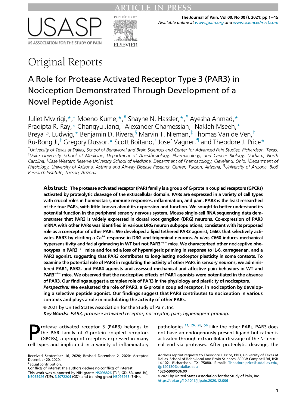A Role for Protease Activated Receptor Type 3 (PAR3) in Nociception Demonstrated Through Development of a Novel Peptide Agonist
