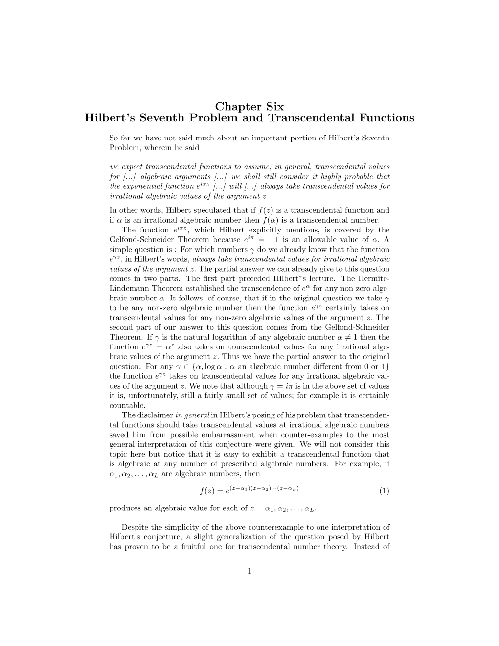 Chapter Six Hilbert's Seventh Problem and Transcendental Functions