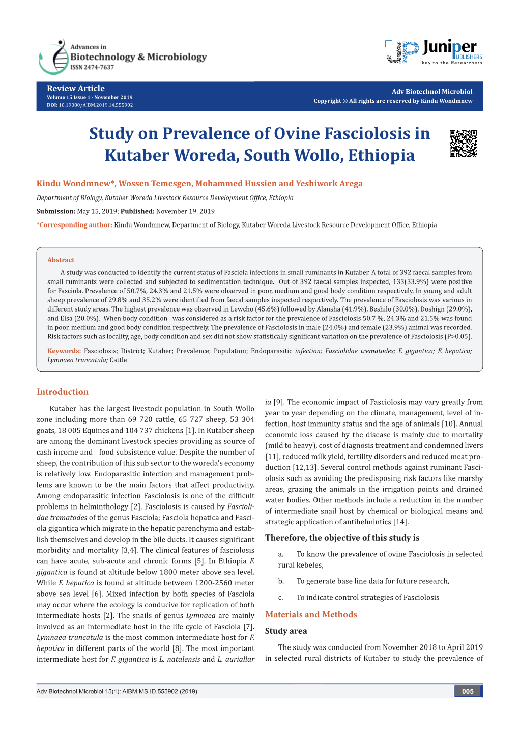 Study on Prevalence of Ovine Fasciolosis in Kutaber Woreda, South Wollo, Ethiopia