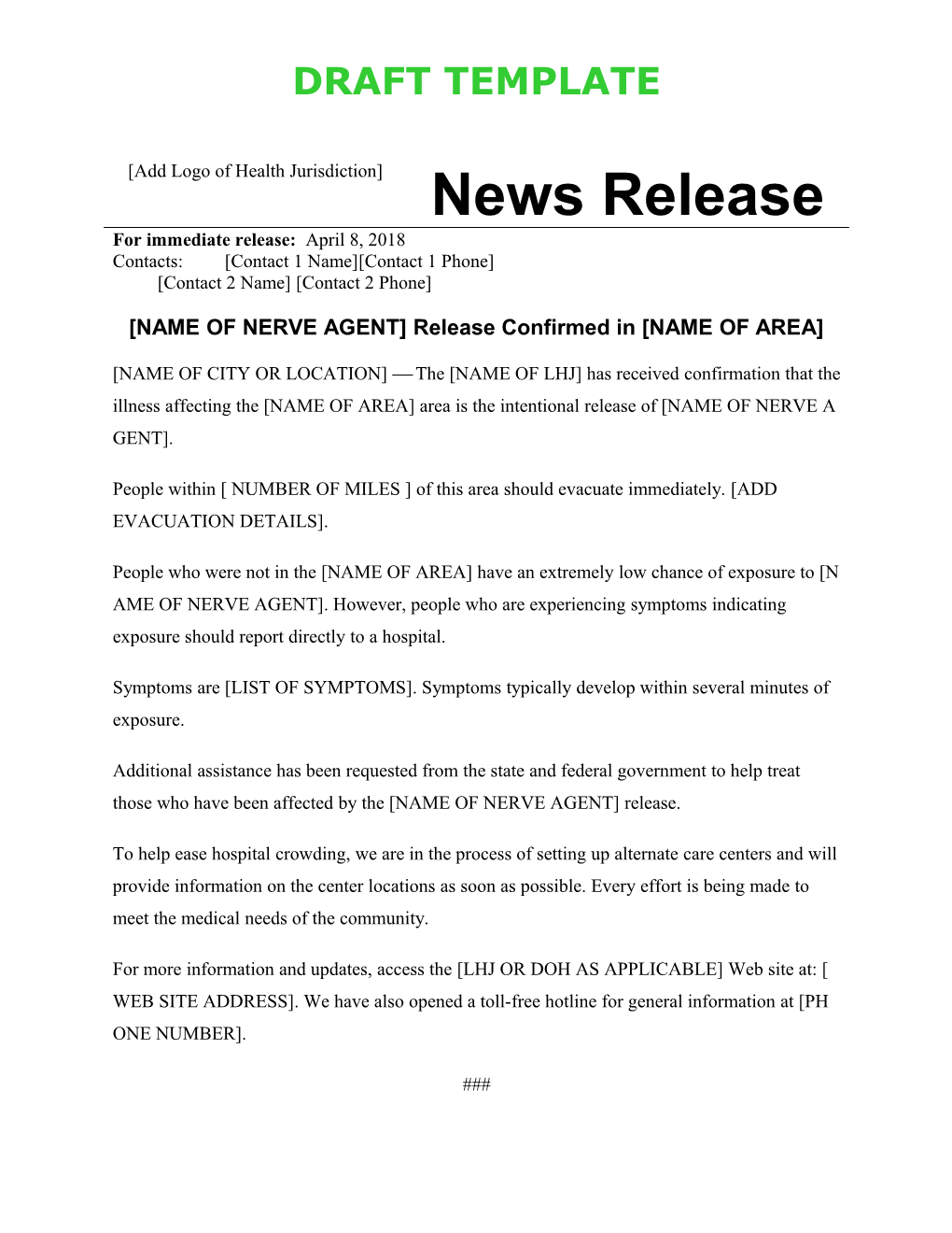 Press Release: Nerve Agent Confirmed