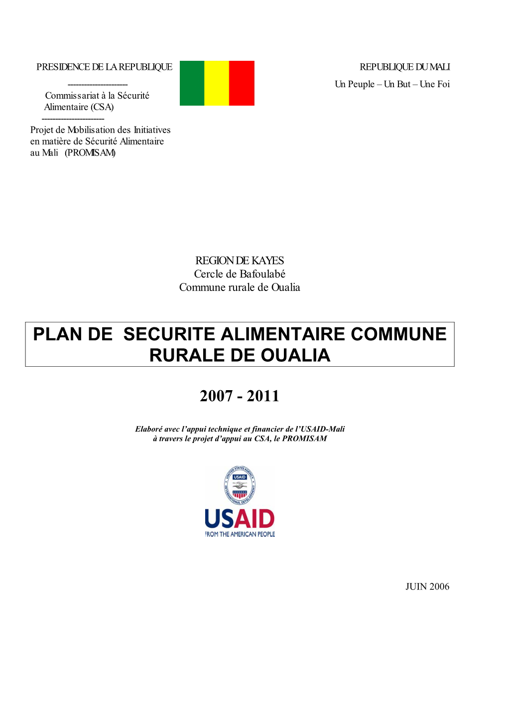 Plan De Securite Alimentaire Commune Rurale De Oualia