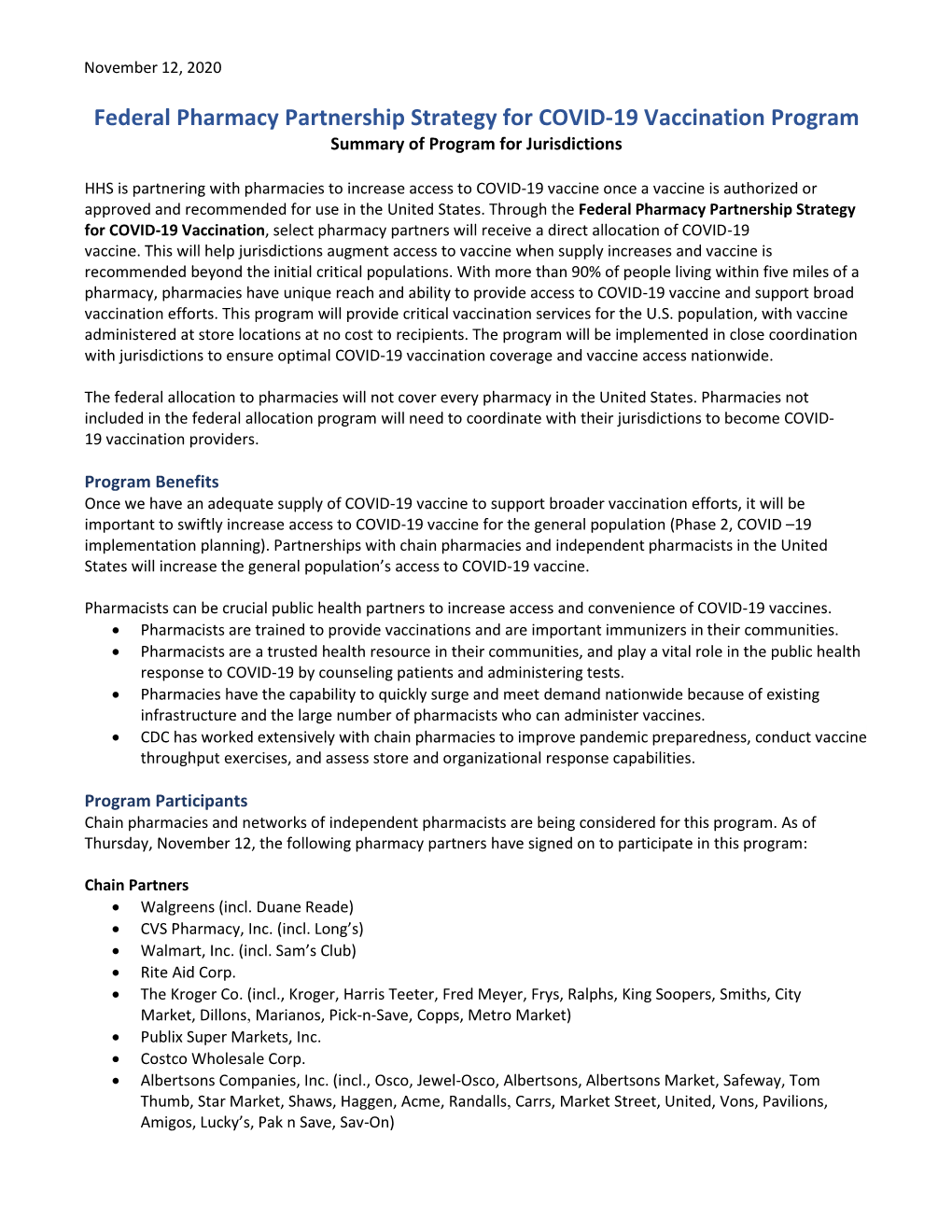 Federal Pharmacy Partnership Strategy for COVID-19 Vaccination Program Summary of Program for Jurisdictions