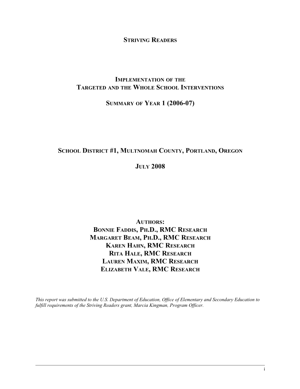 Multnomah County, Portland, OR Striving Readers Report for Year 1 2006-2007 (MS WORD)