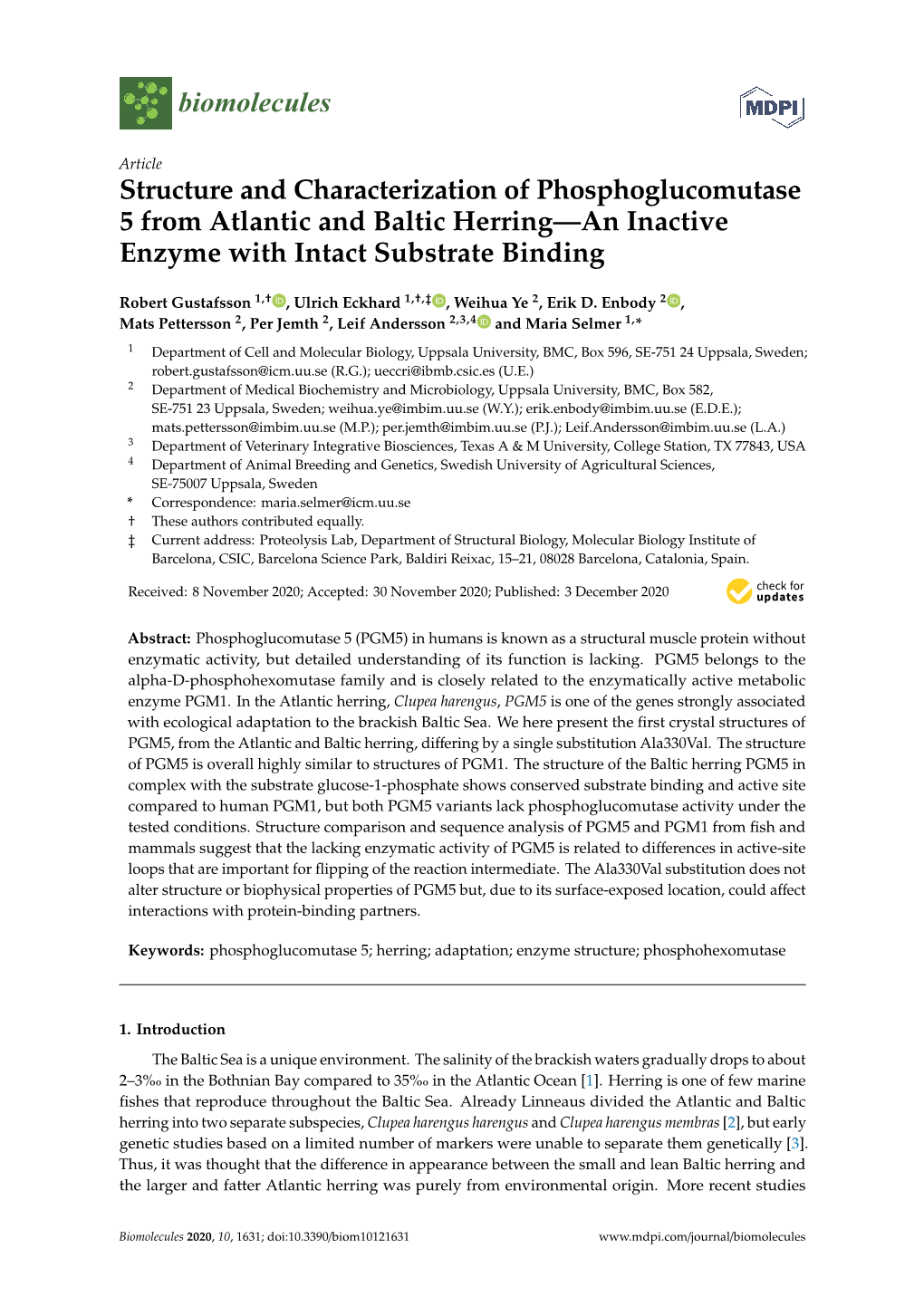 Structure and Characterization of Phosphoglucomutase 5 from Atlantic and Baltic Herring—An Inactive Enzyme with Intact Substrate Binding