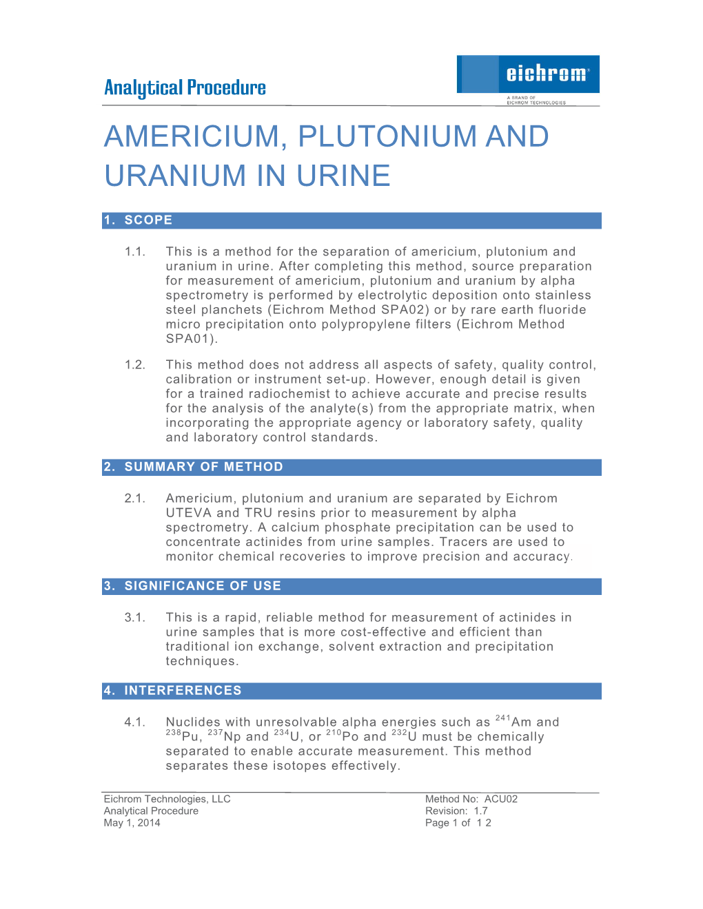 Americium, Plutonium and Uranium in Urine