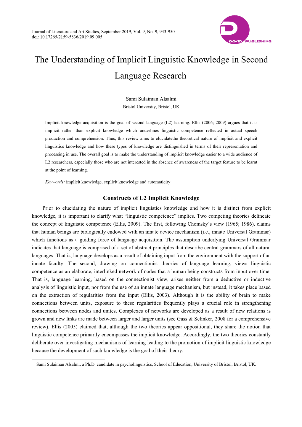 The Understanding of Implicit Linguistic Knowledge in Second Language Research