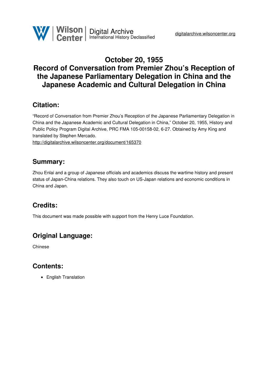 October 20, 1955 Record of Conversation from Premier Zhou's