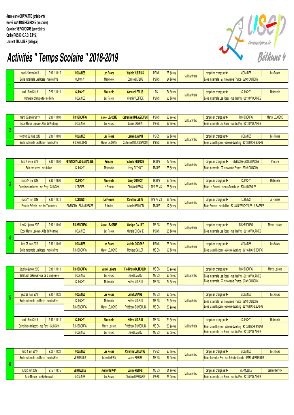 Activités '' Temps Scolaire '' 2018-2019