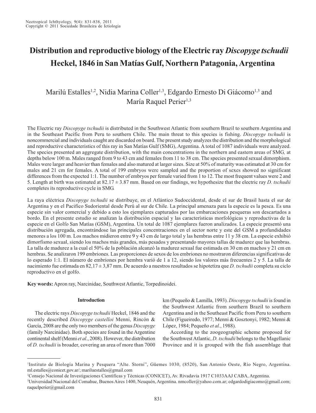 Distribution and Reproductive Biology of the Electric Ray Discopyge Tschudii Heckel, 1846 in San Matías Gulf, Northern Patagonia, Argentina